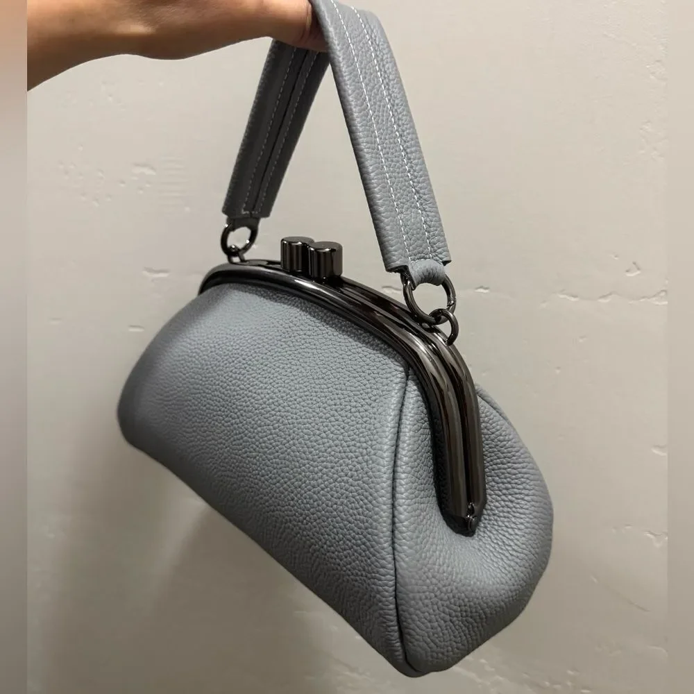 Gray Togo Cowhide Calfskin Handmade Kisslock Wristlet, Shoulder Bag, Crossbody